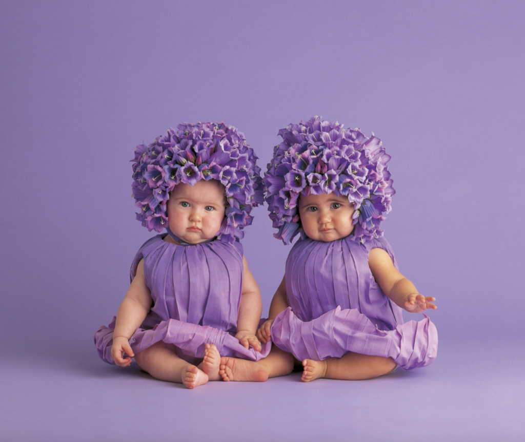 anne geddes photo of two babies with violet flowers on their head