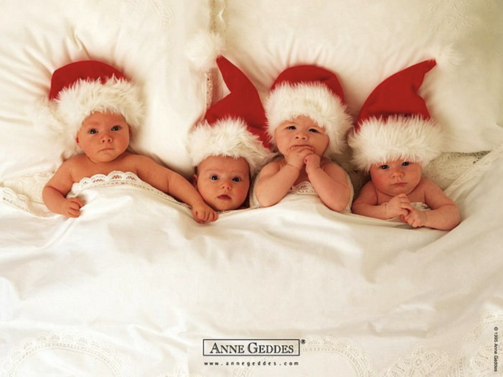 anne geddes photo of babies in a bed with santa hats on