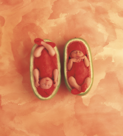 anne geddes photo of two babies inside of watermelon rinds