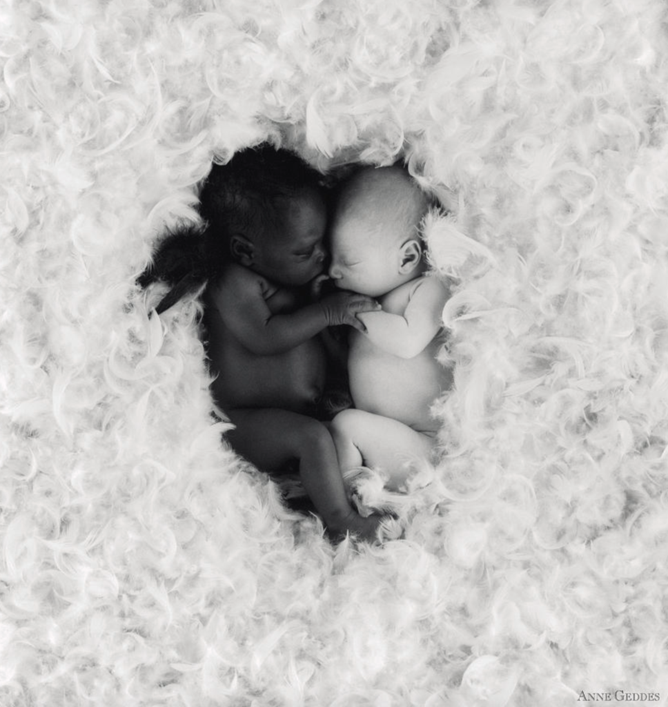 anne geddes photo of two babies cuddled together in a pile of feathers