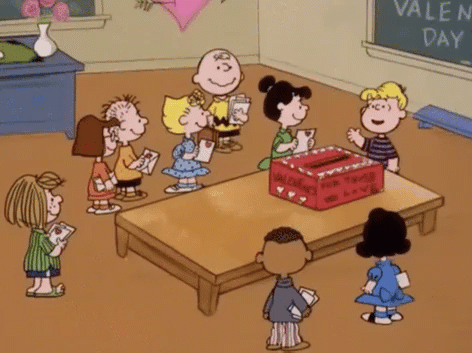 characters from the peanuts cartoon put valentines in a box for everyone