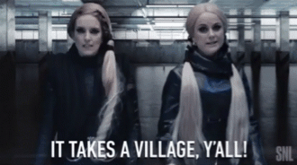 amy poehler and tina fey from snl singing "it takes a village y'all"