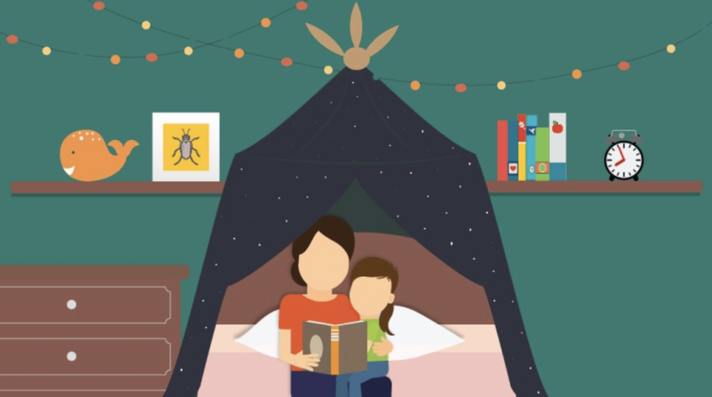 illustration of a parent reading to a child in their bedroom under a canopy