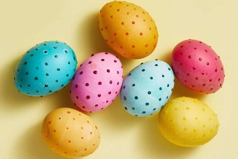 easter eggs decorated with glue gun poka dots