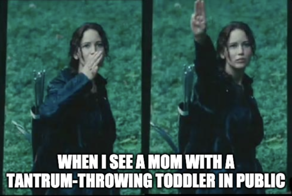 when i see a mom with a tantrum-throwing toddler in public | image: katniss everdeen giving a solidarity signal