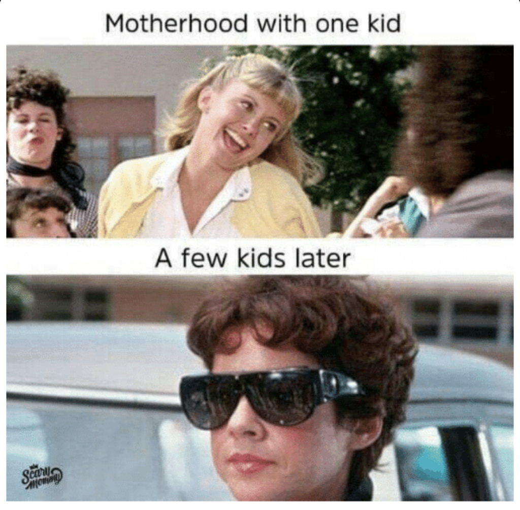 motherhood with one kid: | image: sandy from the movie grease | a few kids later: | image: rizzo from the movie grease