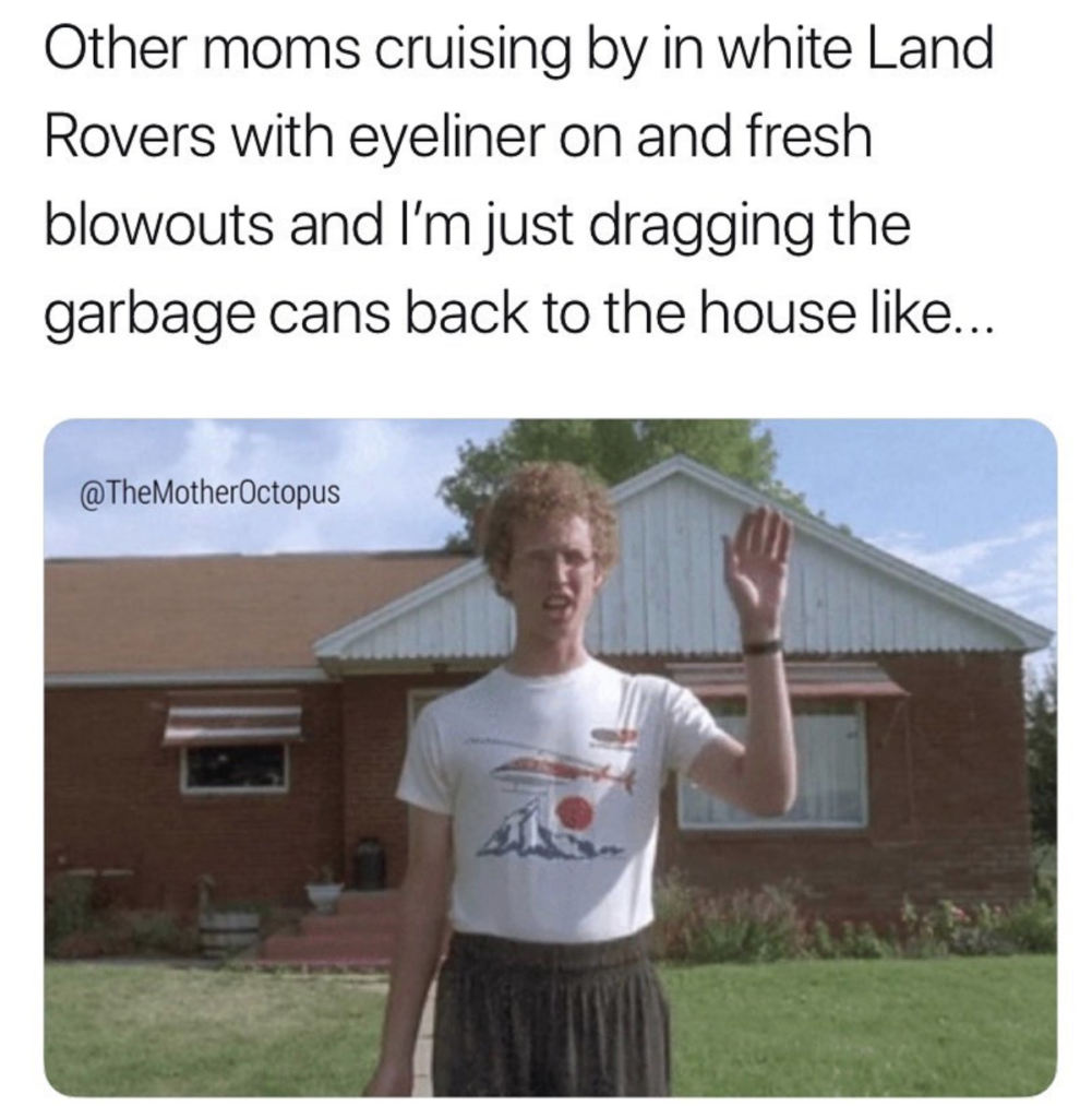 other moms cruising by in white land rovers with eyeliner on and fresh blowouts and im just dragging the garbage cans back to the house like... | Image: napoleon dynamite waving
