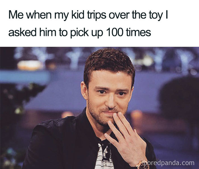 me when my kid trips over the toy i asked him to pick up 100 times | image: justin timberlake trying to hide a laugh