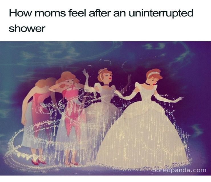 how moms feel after an uninterrupted shower | image: cinderella transforming into the dress for the ball