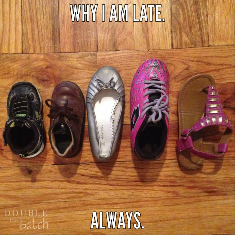 why i am late. always. | imgae: lots of kids shoes with no matching pairs