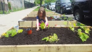 A young girl plants something in a garden next to the sidewalk.