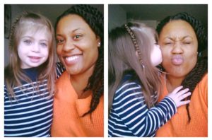 Two side by side pictures of a woman and a young girl smiling and giving kisses.