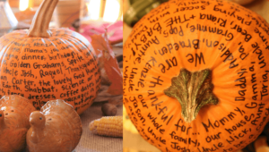 a pumpkin on a dining table with writing all over it
